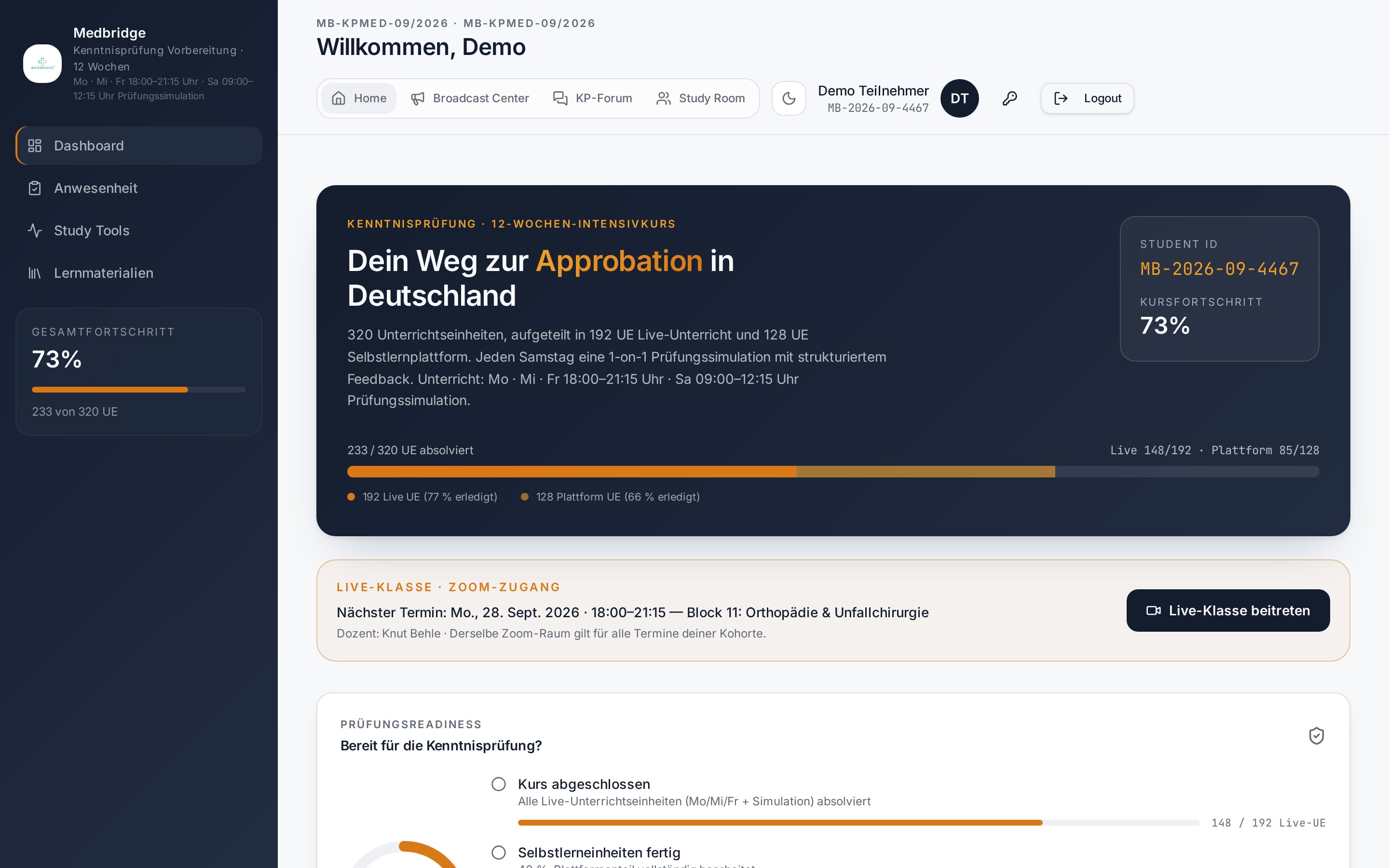 Dashboard mit Lernfortschritt und Wochenplan